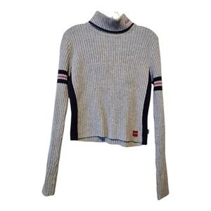 Vintage 90s Y2K Mudd Jeans Turtleneck Crop Sweater Womens LG Gray Striped Logo